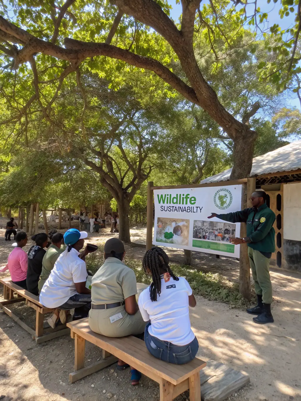 An image of a community workshop on wildlife conservation, showing participants learning about local flora and fauna and sustainable practices.