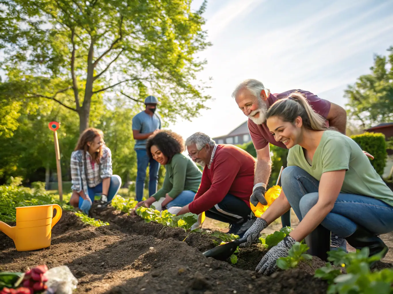 A group of volunteers planting trees in a deforested area, symbolizing habitat restoration and environmental conservation efforts by ASSOCIATION DES PROPRIETAIRES ET CHASSEURS DE PLOULEC'H.