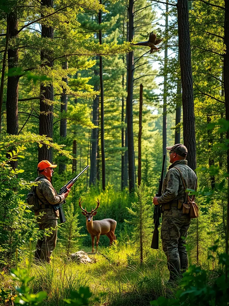 A group of hunters participating in a controlled hunting event, emphasizing responsible hunting practices and wildlife population management in Ploulec'h.