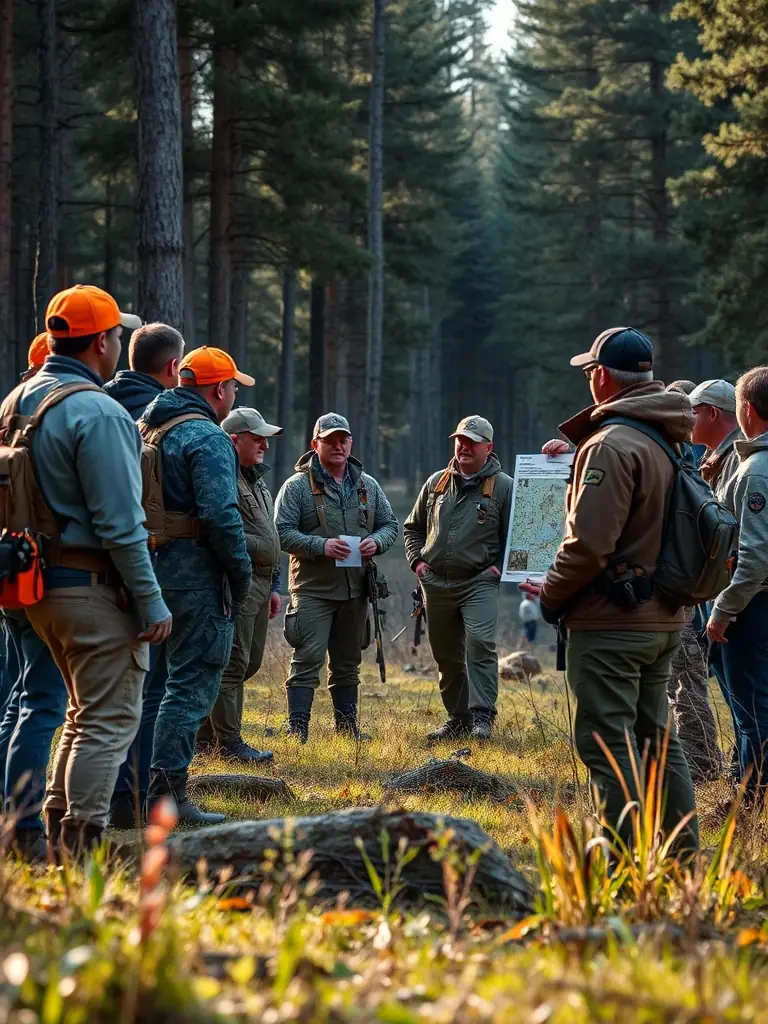 A photo of a group of hunters participating in a training session on responsible hunting practices, led by an experienced instructor.