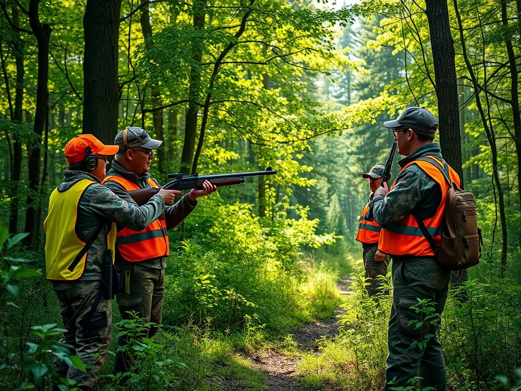 Hunters participating in a controlled hunt, supervised by experienced members of ASSOCIATION DES PROPRIETAIRES ET CHASSEURS DE PLOULEC'H, emphasizing responsible hunting practices.
