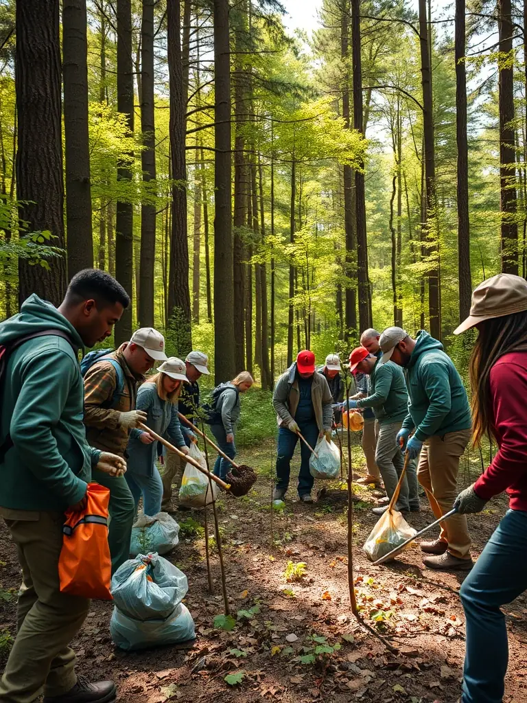 A photograph capturing a group of association members participating in a habitat restoration project, planting trees and clearing invasive species in a local forest.