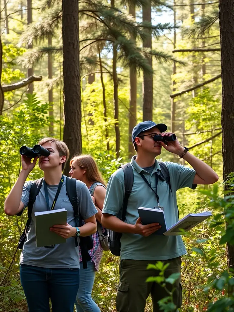 An image showing association members conducting a wildlife census, using binoculars and recording data in a field notebook.