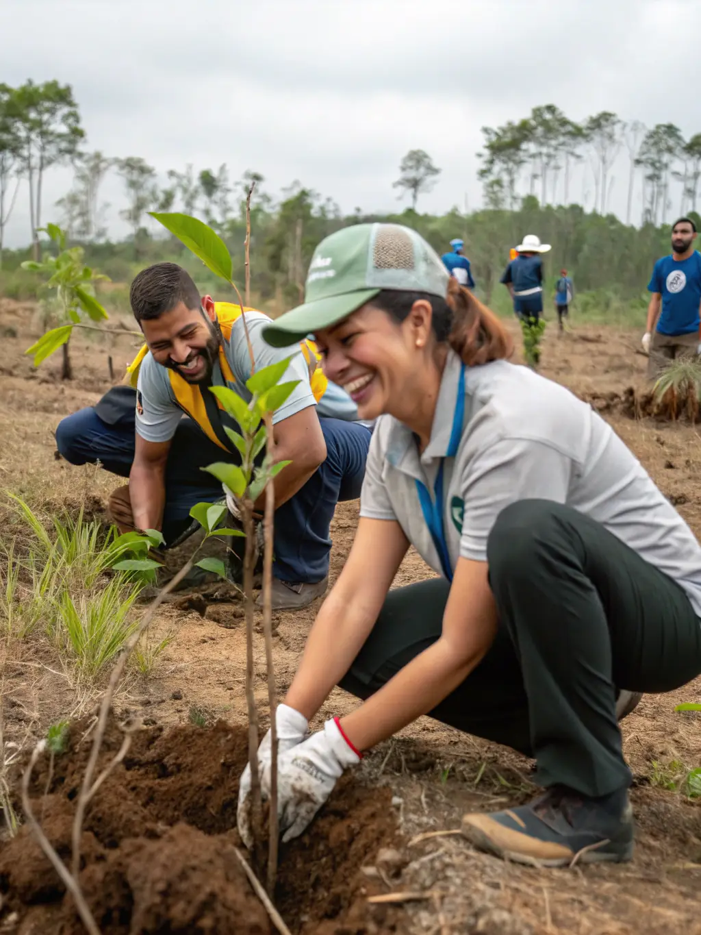 A photograph depicting volunteers planting trees as part of a habitat restoration project in Ploulec'h, showcasing the association's commitment to environmental conservation.