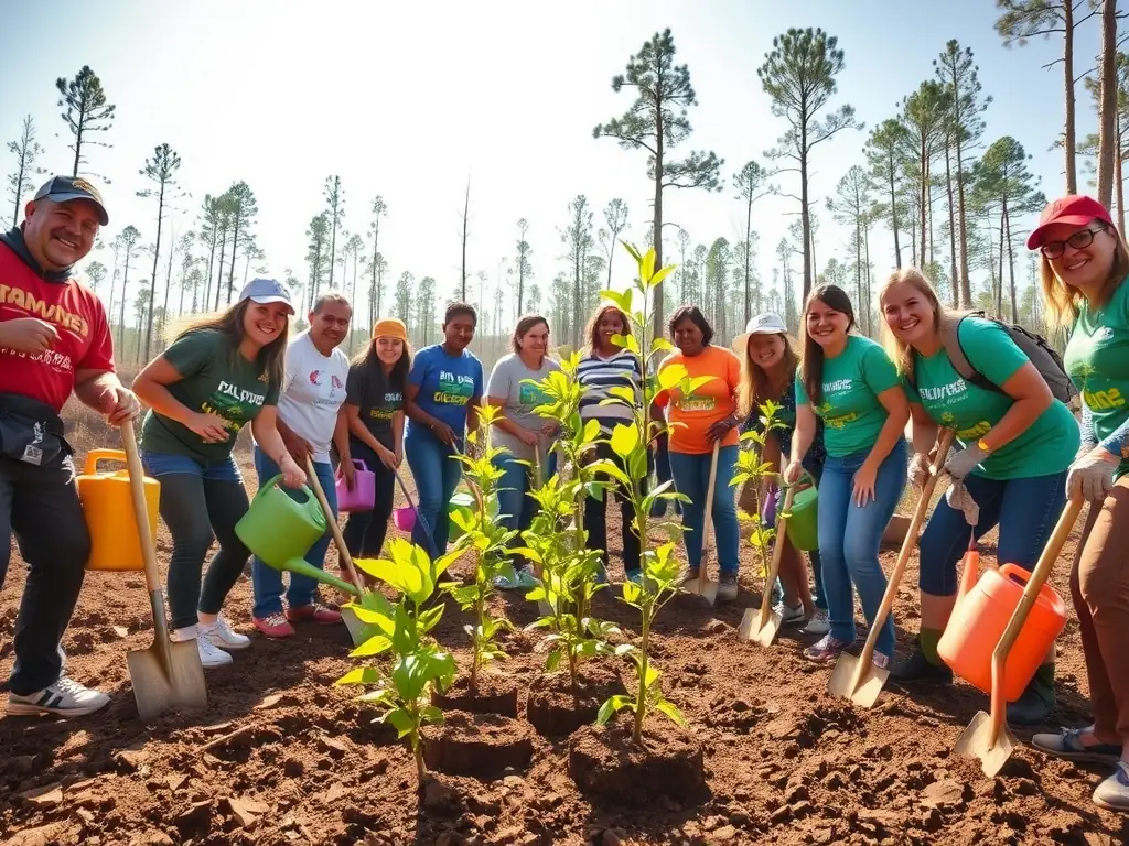 A group of volunteers planting trees in a deforested area, symbolizing the association's commitment to habitat restoration and environmental conservation.